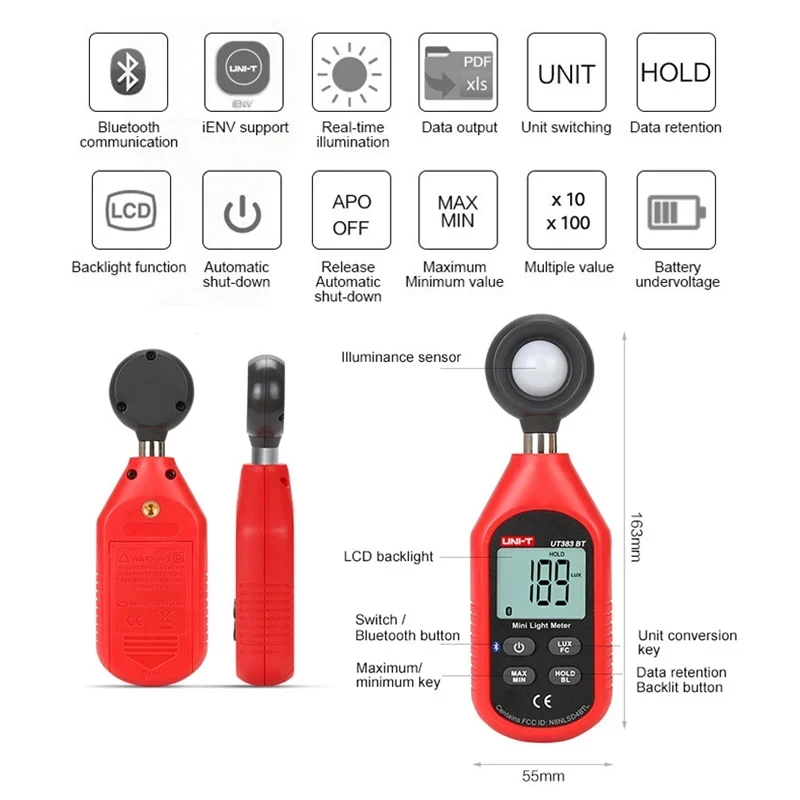 UNI-T UT383 UT383BT Mini Light Meter Digital Professional Luxometer 199900Lux 18500FC Illuminometer Photometer Light Lux Meter