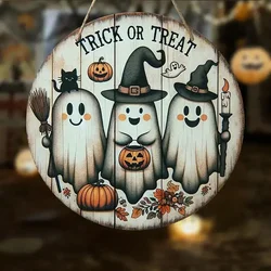 1Pc, 2D Wooden Halloween Three Cute Ghost Broom Spoof Pumpkins 7.9Inch/20Cm Round Hanging Sign Wall or Door Decor Wall Art