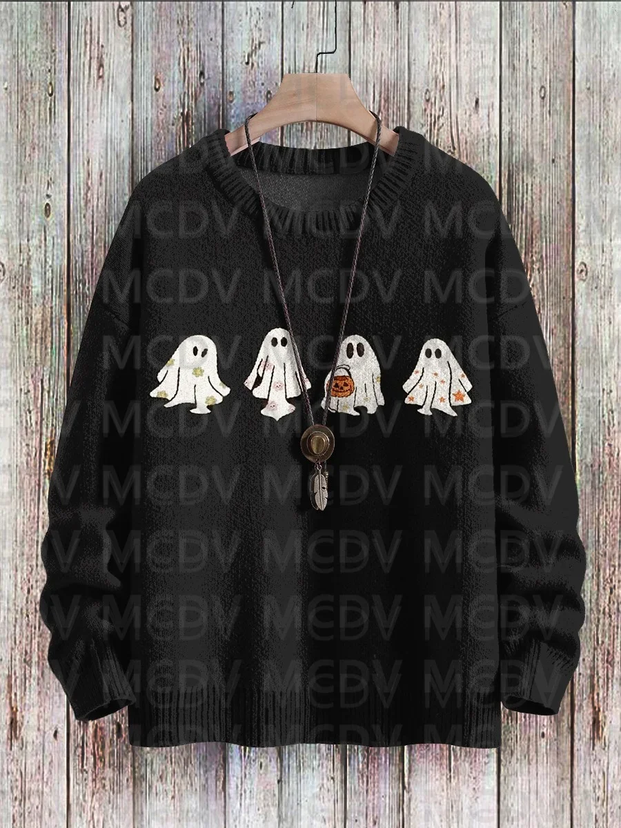 

Halloween Pumpkin Ghost Vintage Art Vibe Print Sweater Men's For Women's Pullover