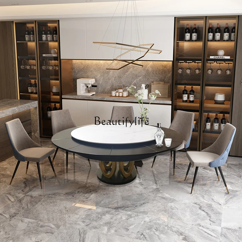 Stone Plate Dining Table Rotating Enlarged Space-Saving Solid Wood Modern Light Luxury Retractable Reducing round Table