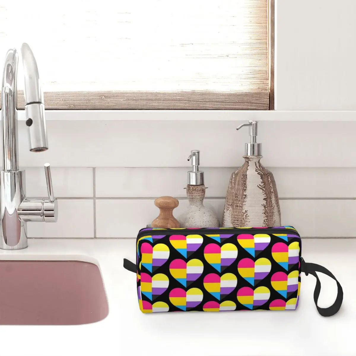 Pan e Nonbinary Pride Heart Makeup Bag para mulheres, organizador de cosméticos, kit Dopp, armazenamento, higiene pessoal, beleza Pencil Case