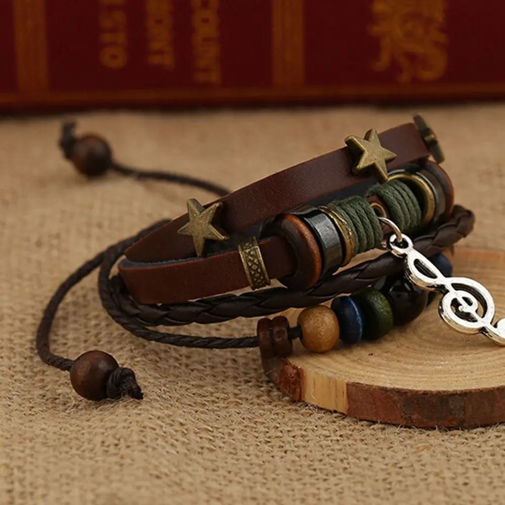 Handmade Boho Gypsy Hippie Design Brown Leather Star Metal Charms Wood Button Beads Wrap Unisex Adjustable Bracelet