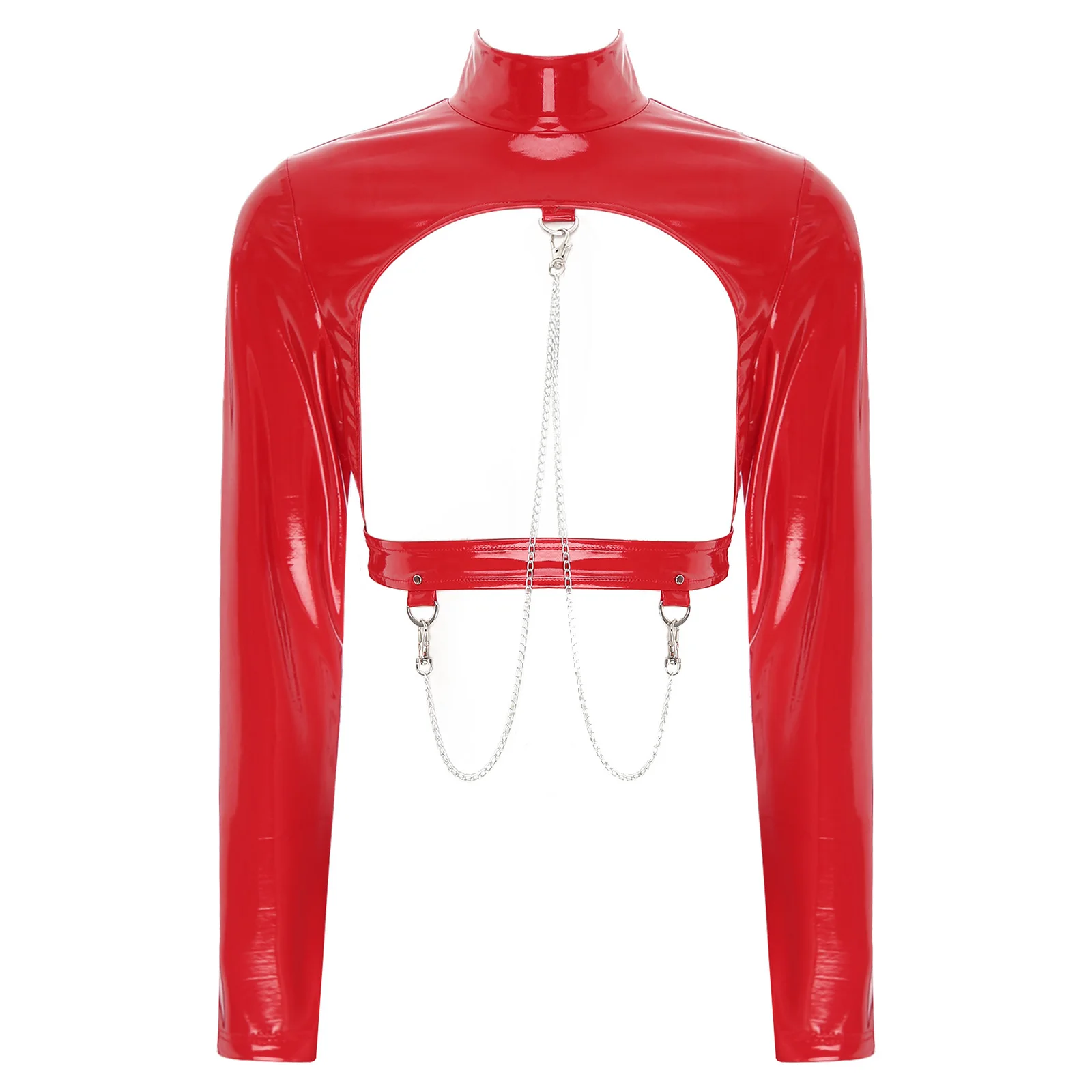 Patent Leather Women Hollow Out Nipple Crop Tops Sexy Wetlook Metal Chains Long Sleeve Back Zipper Coat Rave Party Nightclubwear