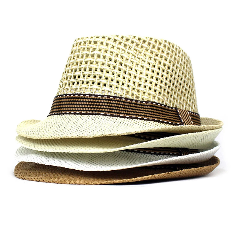 British Men Beach Sun Hats Summer Cowboy Fedora Retro Jazz Hat Breathable Straw Caps Outdoor Panama Man Gentleman Holiday Sunhat