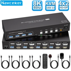 Navceker 8K HDMI DP przełącznik KVM 2 monitory 4 komputery 4K 144Hz podwójny Displayport USB 3.0 przełącznik do 4 PC udostępniania klawiatury mysz