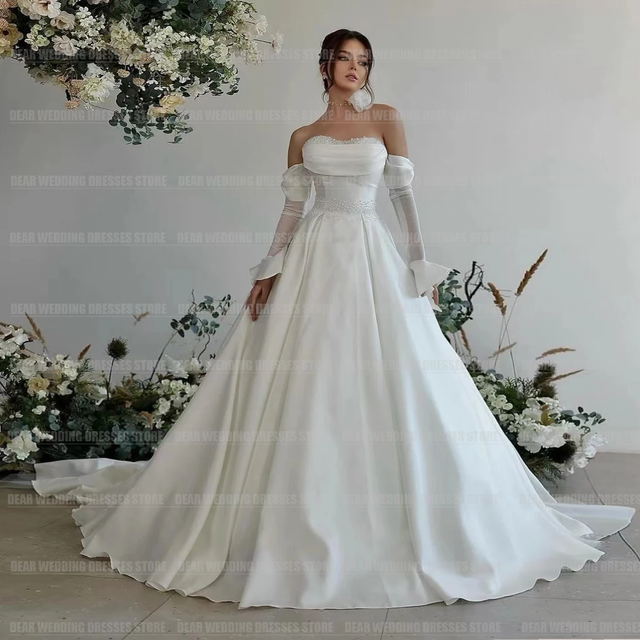 Simple Gentle A Line Wedding Dresses For Woman Glitter Beads Sweetheart Formal Long Sleeve Satin Party Bride Gowns 2024 Vestidos