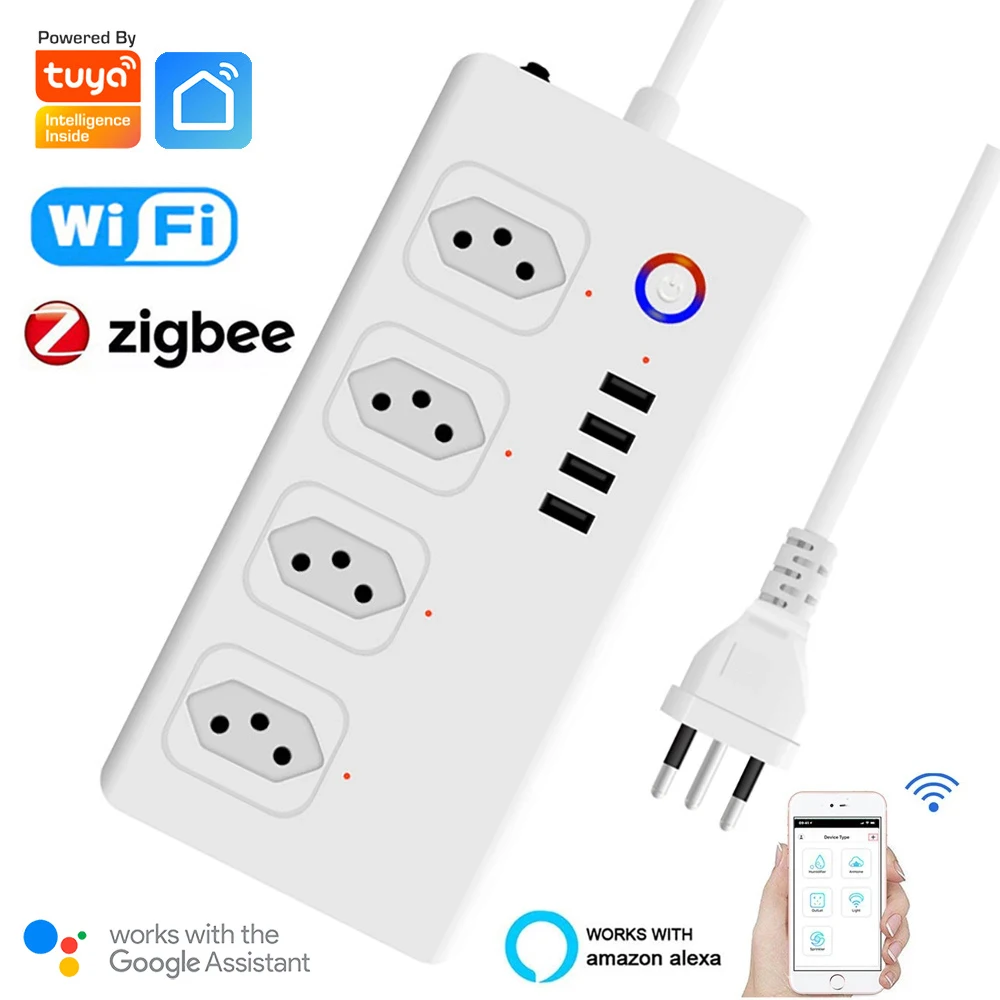 WiFi/Zigbee Smart Power Strip 4 Way AC Brazil Plug Outlet USB Socket 1.5m Extension Cord Wireless Remote Alexa Tuya Google Home