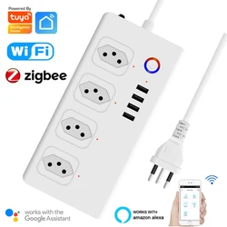 WiFi/Zigbee Smart Power Strip 4 Way AC Brazil Plug Outlet USB Socket 1.5m Extension Cord Wireless Remote Alexa Tuya Google Home