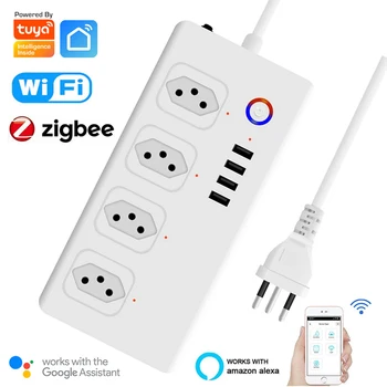 EUプラグ付きスマート電源タップ,wifi,zigbee,4ウェイ,usbプラグ,1.5m,ワイヤレス,Alexa, Tuya,GoogleHome用