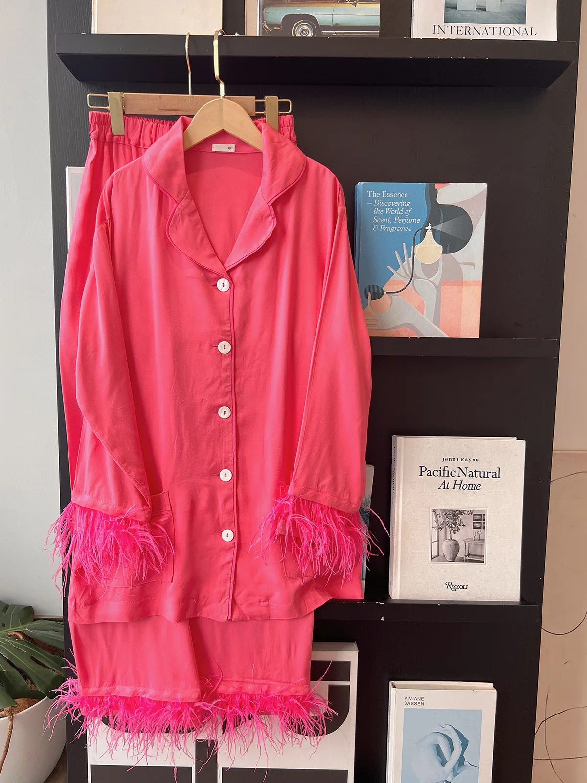 Pitaya-colored Feather Pajamas Women Long-sleeved Ostrich Hair Detachable Feather High Sense Sleepwear 잠옷 여름  pyjamas women