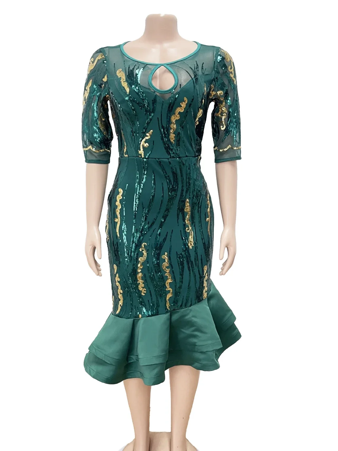 Robe de Soirée Verte à Paillettes pour Femme, Col Rond, Demi-Manche, Tambour à Paillettes, Queue de Poisson, Soirée, Anniversaire, Événement, Midi, 2024