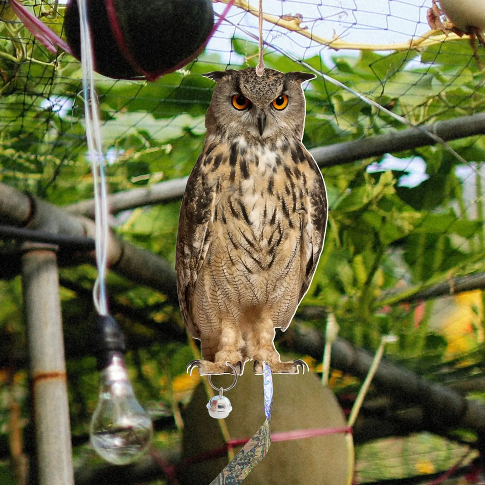 Expel Birds Pendant 2D Owl Scarecrow Pendant Garden Protector Decorative Scarer Pendant with Bell Fake Bird Scare Device view 4