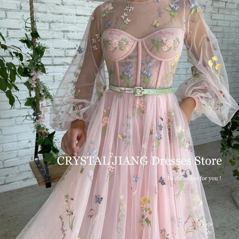 Customized Long Pink Prom Dresses O Neck Tulle Long Puffy Sleeves Lace Embroidery A Line Sweep Train فساتين للحفلات الراقصة