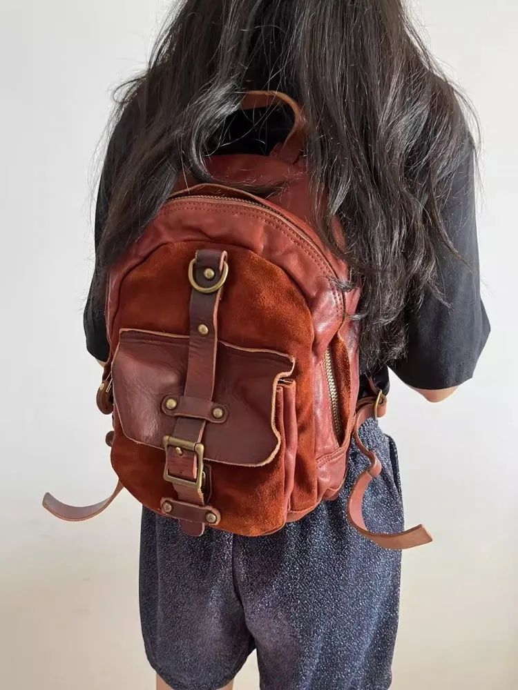 Men Vintage Spliced High Quality Cowskin Genuine Leather Casual Backpack Unisex Lovers School Bag Harajuku Travel Backpacks Male