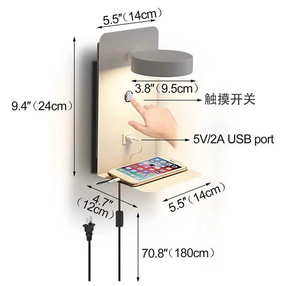 Luxury LED Reading Lamp with Touch Control, USB Rechargeable, 3 Color Dimmable Wall Light for Bedroom, 12W