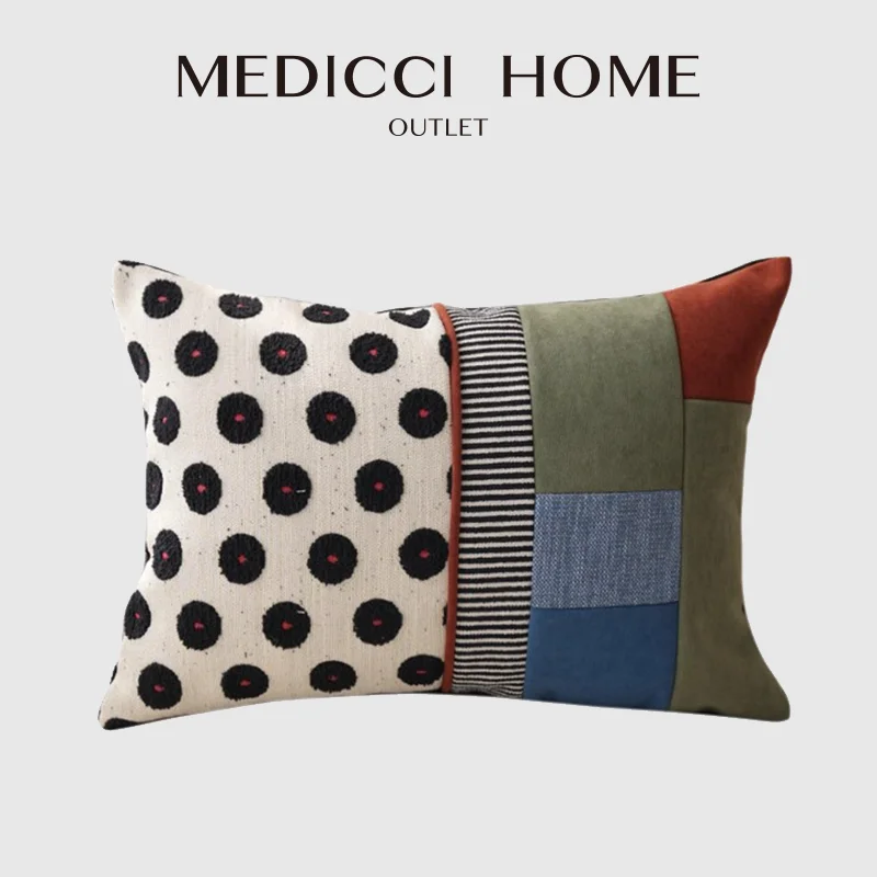 Medicci Home Luxury Handmade Boho Cushion Cover Old Fashioned Pattern Polka Dots And Blocks Patchwork Lumbar Pillow Case 35x50cm