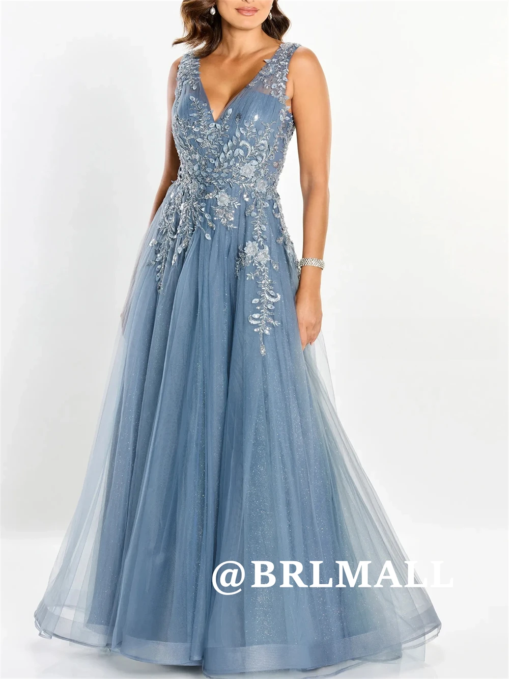 

BRLMALL Sparkle Tulle Wedding Party Dress for Women Long A-Line Tank Sleeves Prm Dresses Evening Formal Occasion Gowns
