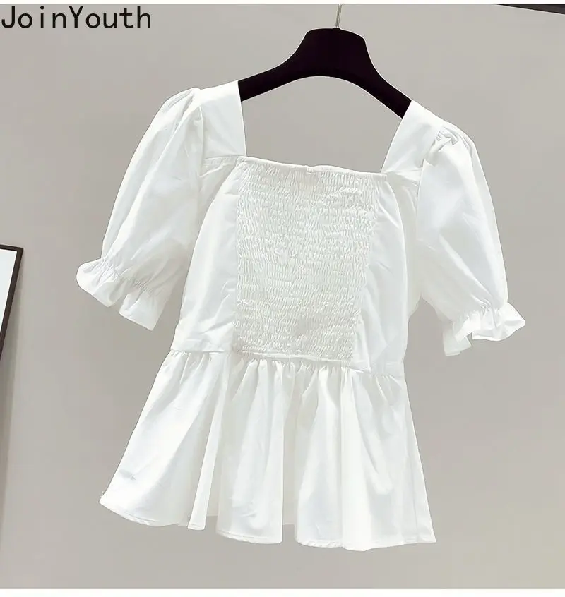 Fashion Summer Clothing Puff Sleeve Folds White Blouses High Waist Beading Bodycon Denim Skirt Outftis Korean Casual Y2k Suit