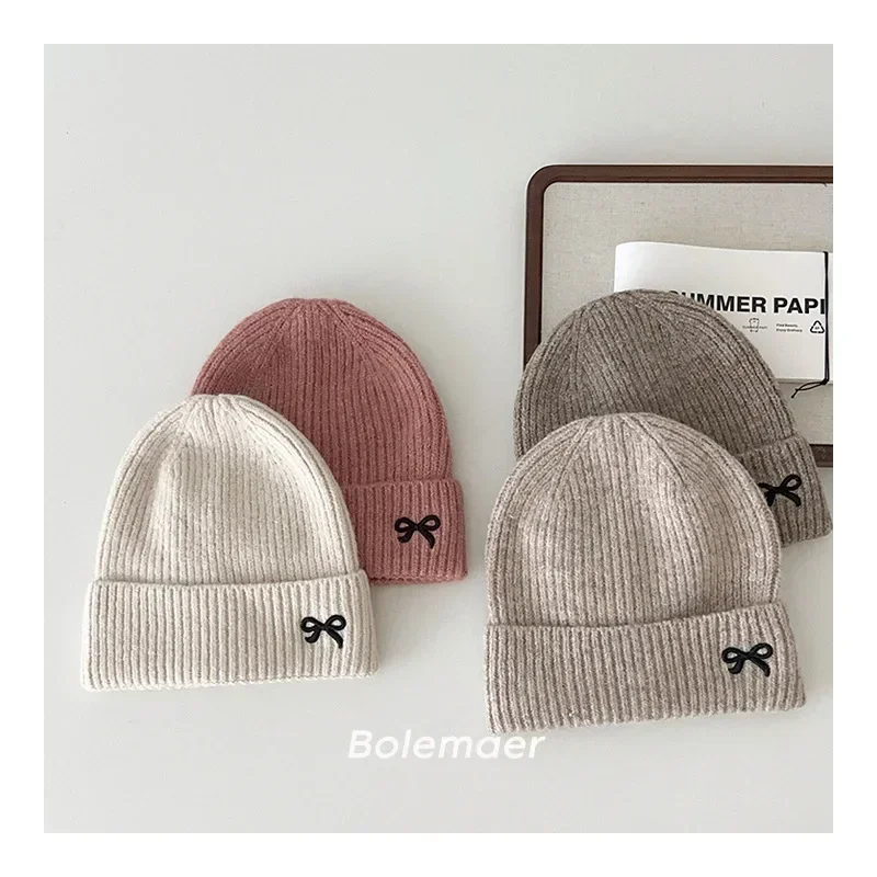 1 Piece 2024 New Fashion Knitted Hat for Kids Girl Sweet Embroidery Bow Kids Girl Beanie Cute Autumn Winter Warm Elastic Hat