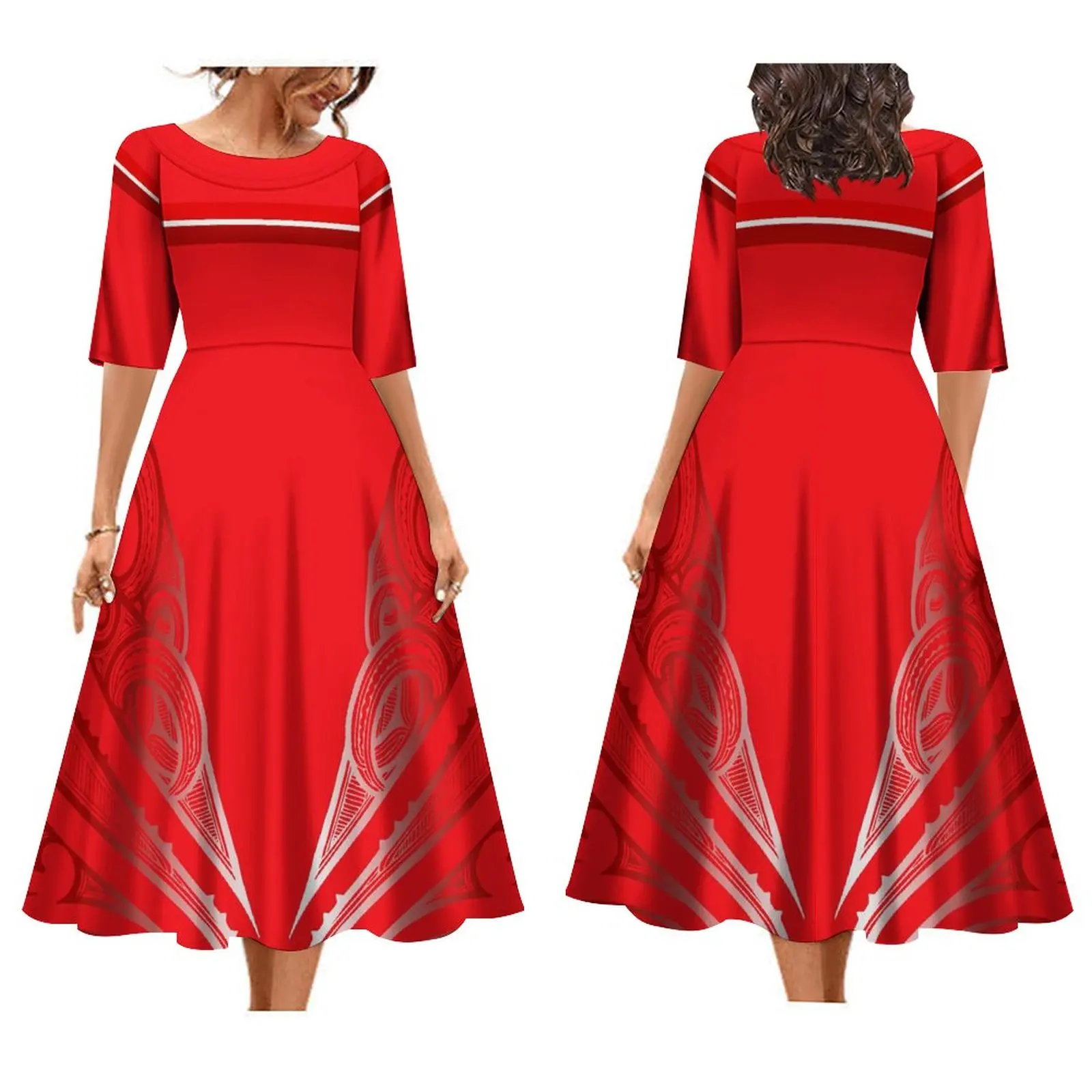 Women\'s Dress Custom Polynesian Style Long Skirt Crew-Neck Skirt Dress Summer Short Sleeve Quality Fabric Dress