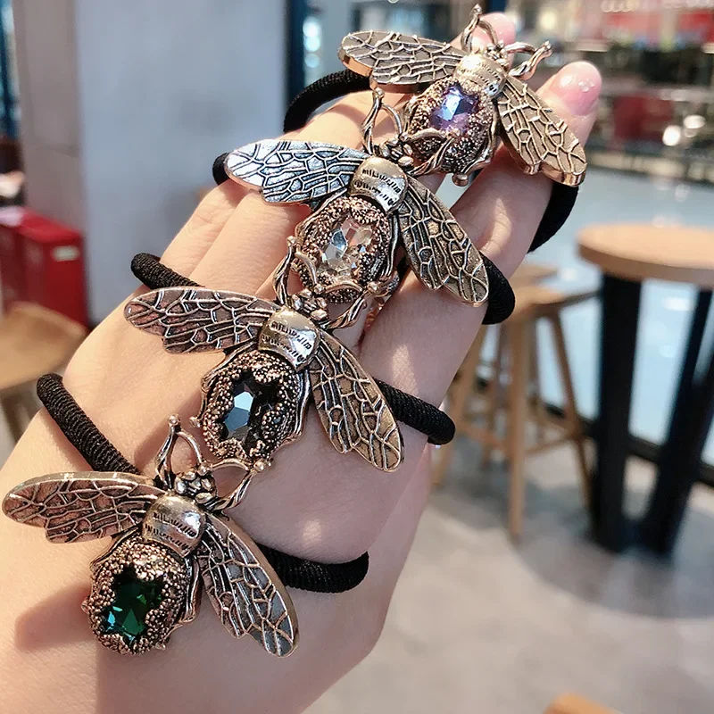 Retro pszczoła elastyczne opaski do włosów dla kobiet elegancki kryształ Rhinestone głowa kucyk liny krawat kobiece gumki do włosów dziewczyny Accesorios