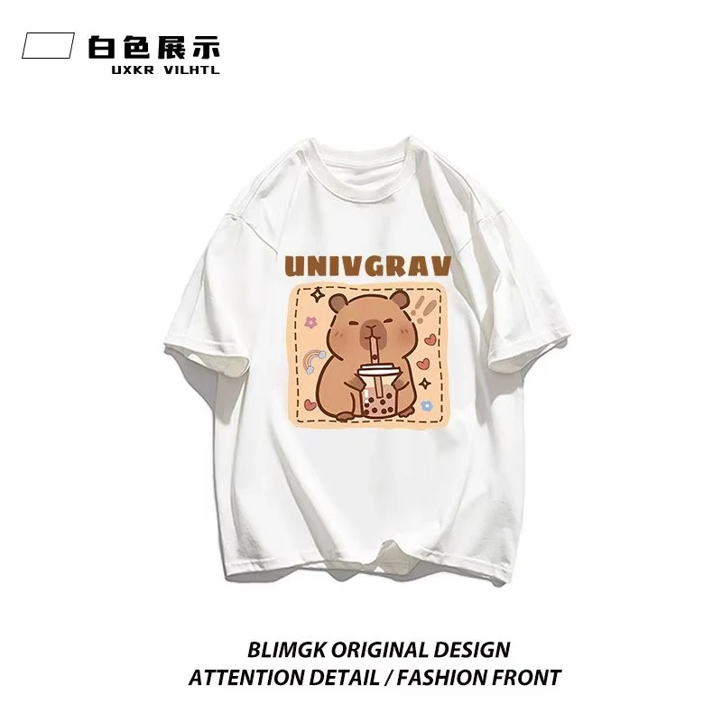 تي شيرت MINISO النسائي اللطيف Capybara Boba - كاجوال بأكمام قصيرة ورقبة مستديرة من البوليستر المتماسك آلة Harajuku Capybara تي شيرت علوي