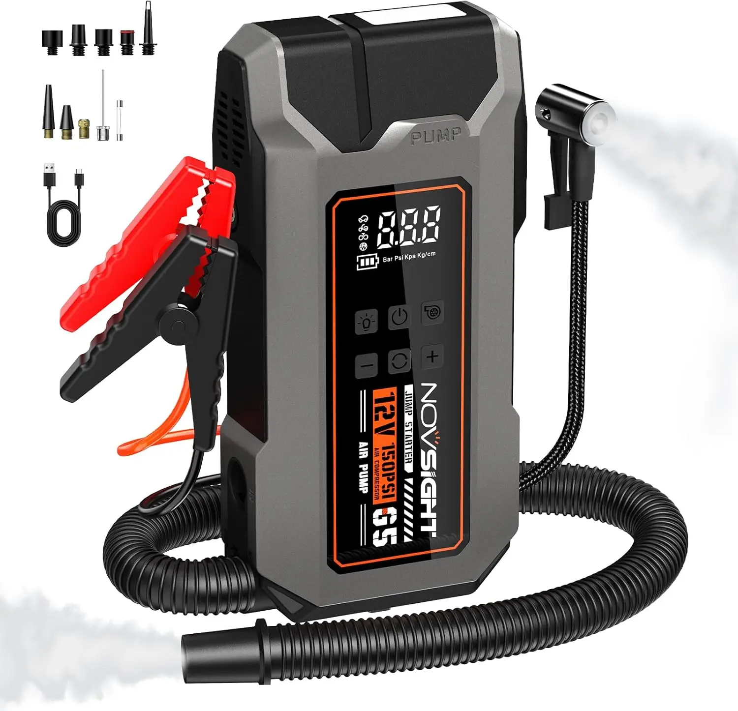 

6000A 13-in-1 Portable Jump Starter with Air Compressor, 12V Power Pack for Gas & Diesel Cars, 150PSI Tire Inflator