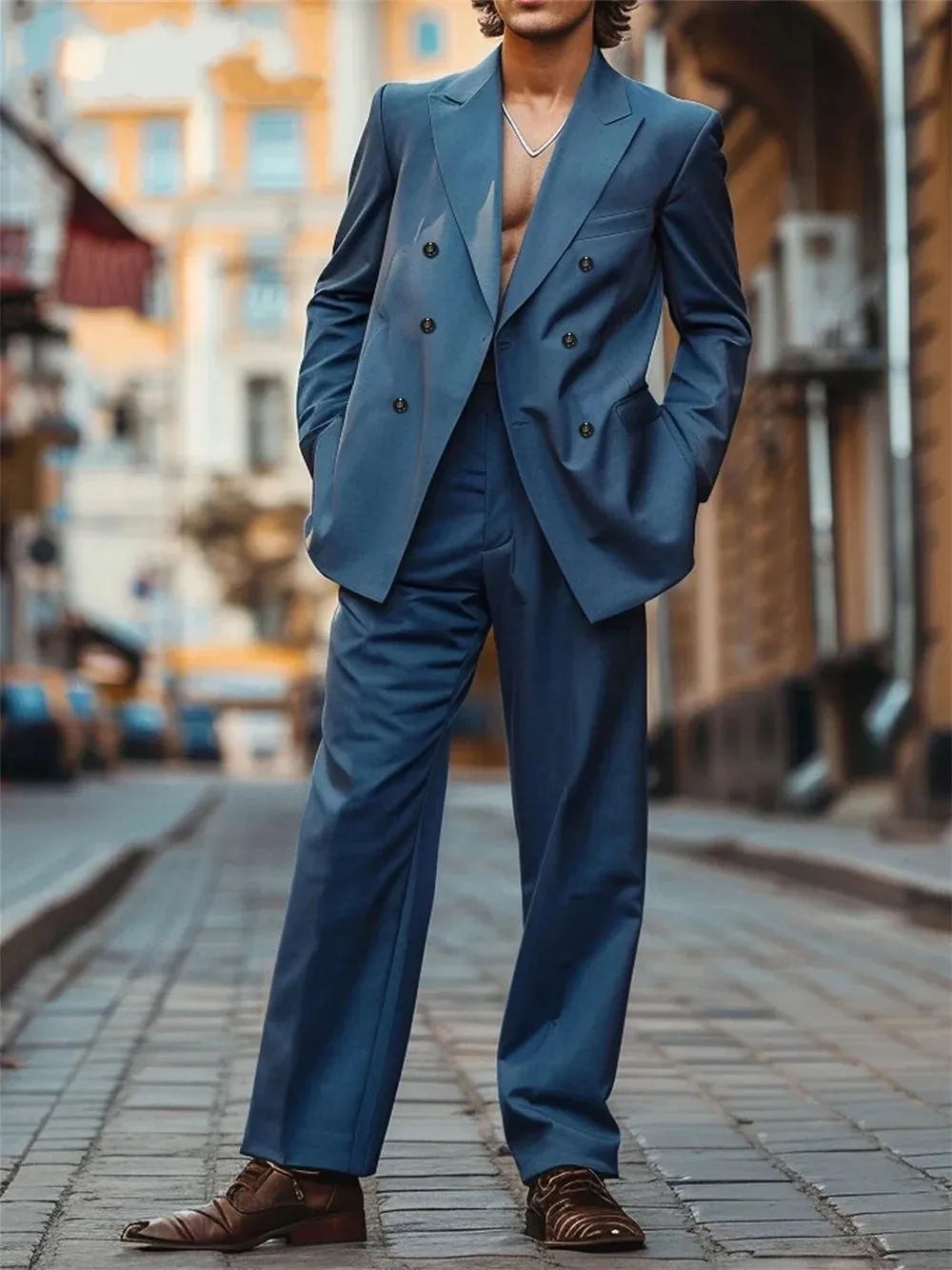 

Men's Loose Suit Solid Color 2 Pcs Formal Double Breasted Peaked Lapel Groomsmen Street Daily Wear Jacket Pants Customized Suit
