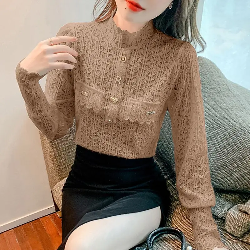 Women\'s Clothing Lace Half High Collar Blouse Stylish Hollow Out Autumn Winter Long Sleeve All-match Chic Letter Beading Shirt