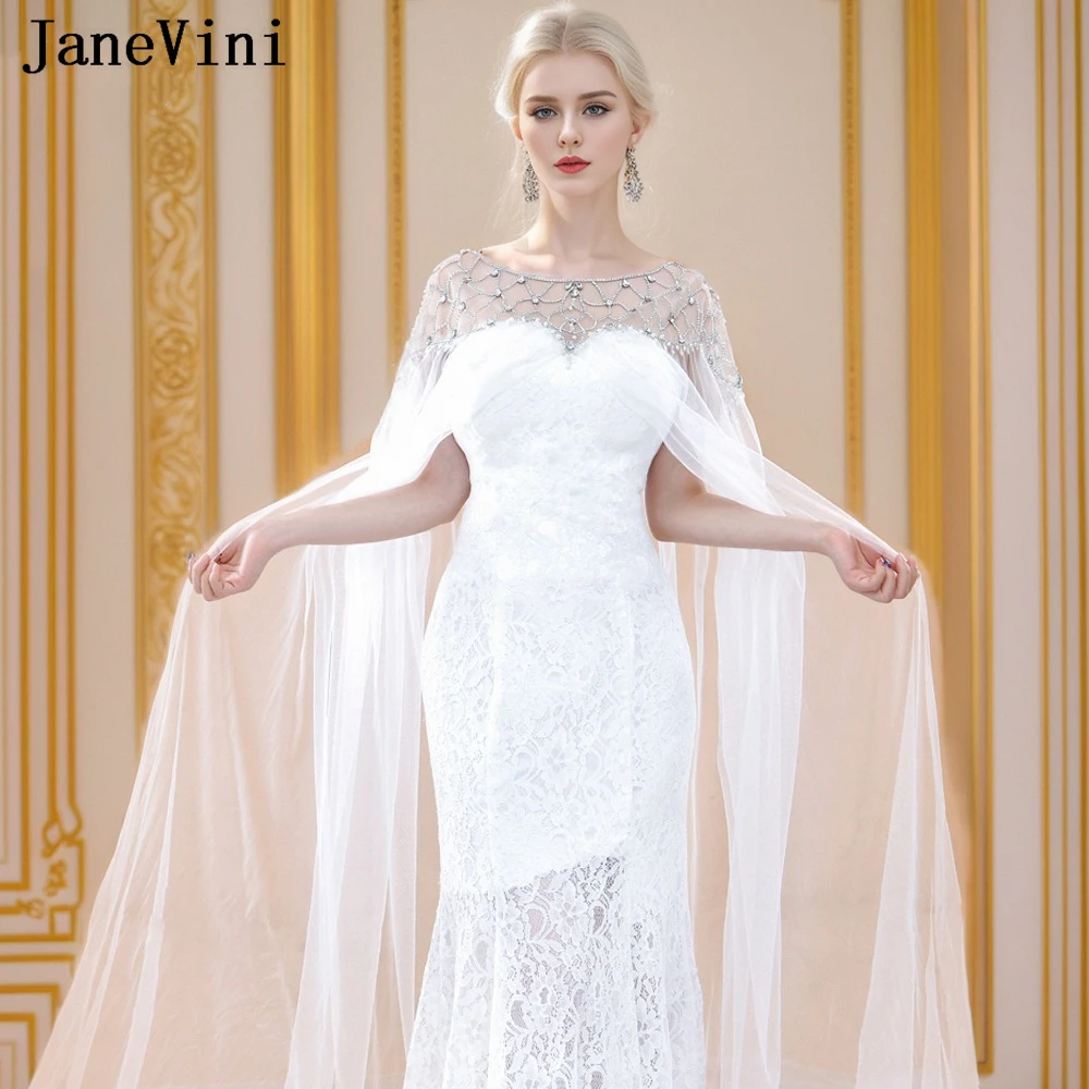 

JaneVini Elegant Beaded Pearl Shawl 3 Meters Long Bridal Bolero Wedding Cloak Shrug Cape Tulle Luxury Bride Wraps Shoulder Cover