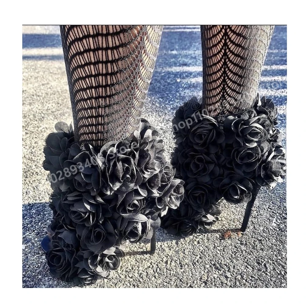 

Runway Style Black Flowers Decor Sandals Open Toe Stiletto High Heel High Quality Party Sexy Women Shoes 2025 Summer Para Mujere