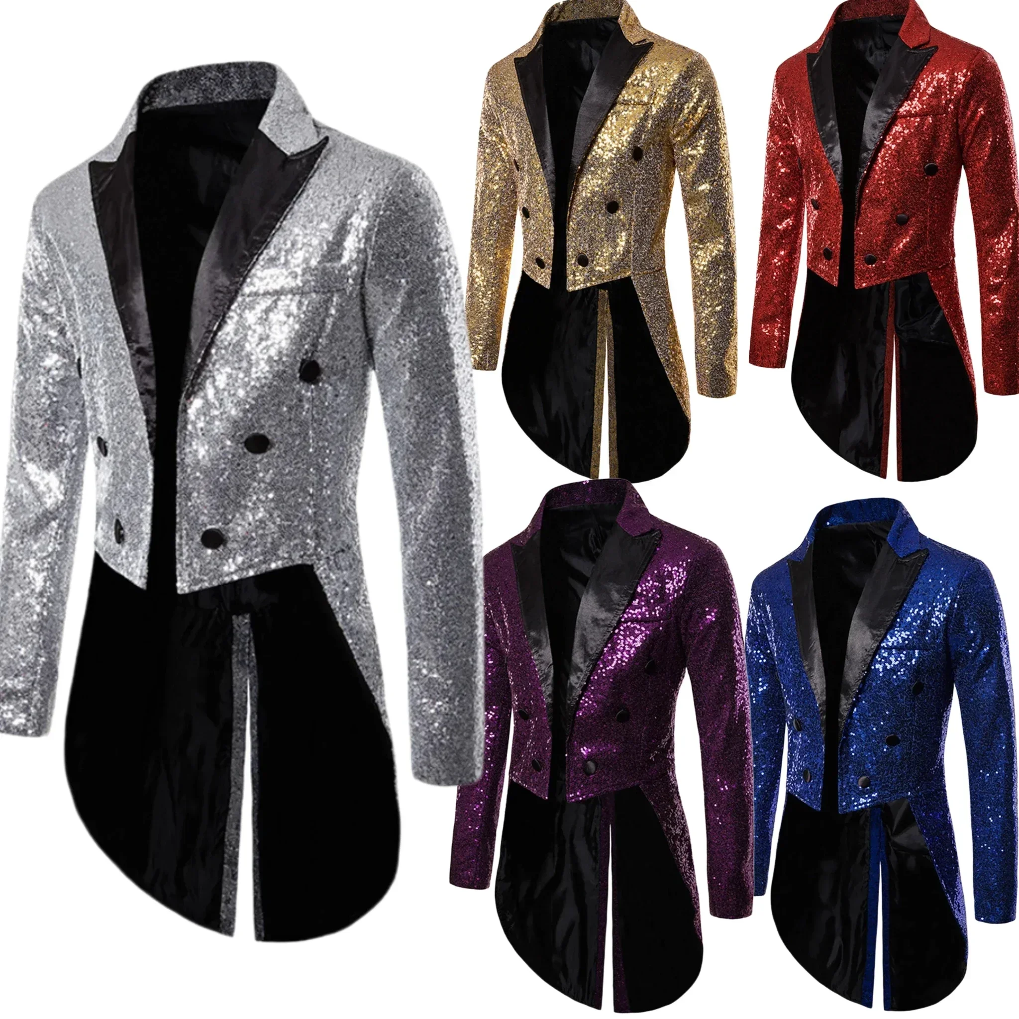 

Мужской фрак с блестящими пайетками, одинарный блейзер с пиковыми лацканами, цирковой костюм, смокинг для ночного клуба, сценического выступления, вечеринки