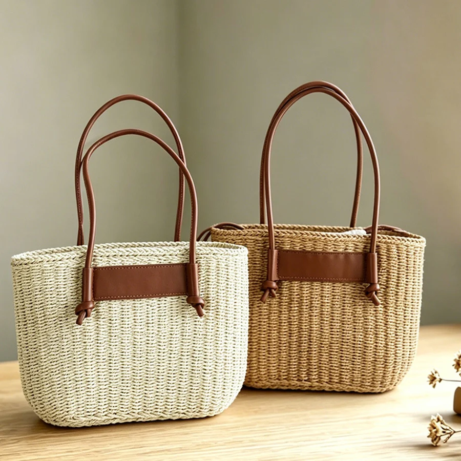 Large capacity woven straw bag,versatile tote bag, women's handbag with pu leather shoulder strap, beach vegetable basket bag