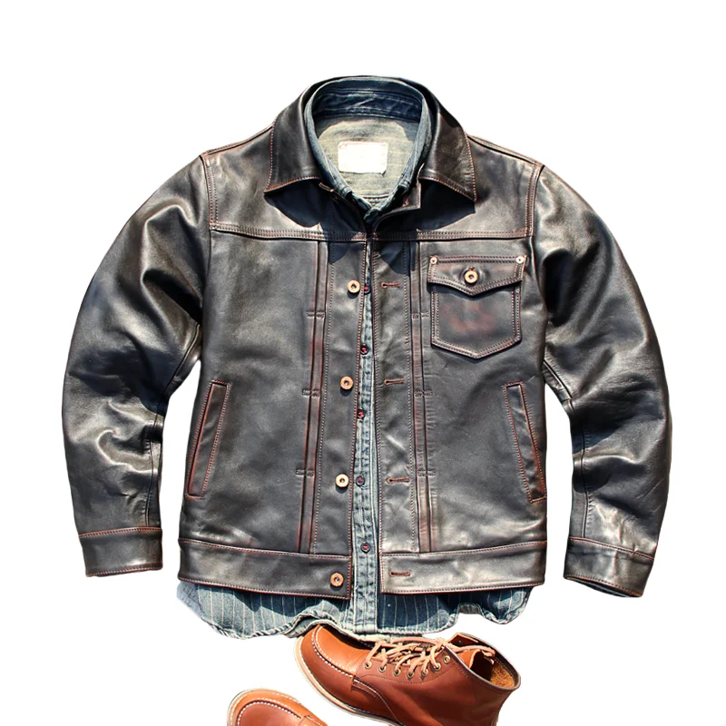 Men's Genuine Cowhide Leather Trucker Jacket Type III Style Hand Burnished Snap Button Denim Jacket Cut Vintage Brown Black Coat