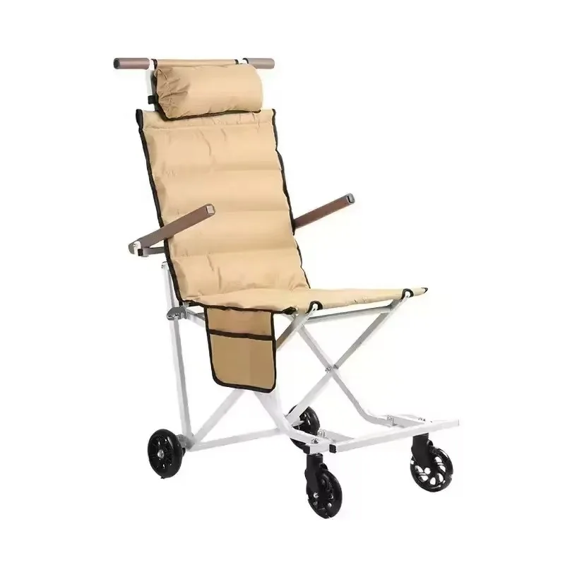 Portable Folding Trolley Adjustable Carbon Steel Frame Fabric Outdoor Camping Travel Wheeled Chaise Lounge