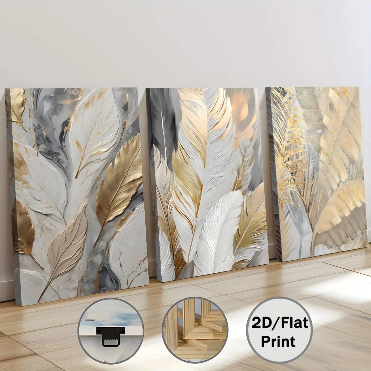 3PC Featuring Luxurious Golden Plant Leaves Framed Paintings for Home Decor Wall Art Room Decoration Murals Prints Festive Gifts