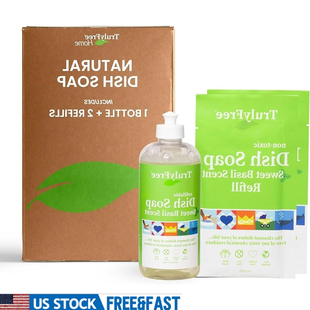 Jabón para platos concentrado líquido para lavavajillas a base de plantas, aroma fresco de albahaca dulce, 2 paquetes de repuesto con botella vacía para apretar