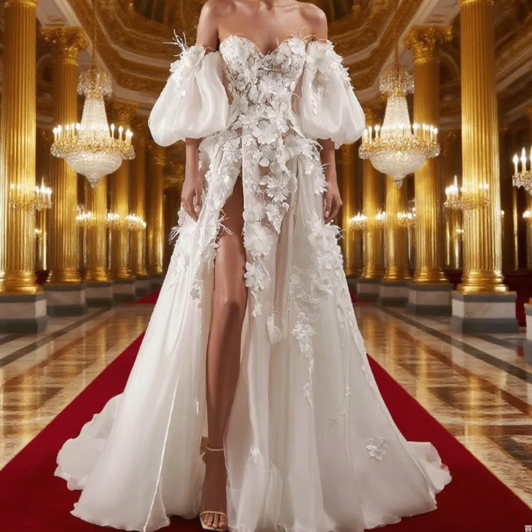 العصرية شق فستان الزفاف حفلة عيد ميلاد فساتين حفلات الحبيب فانوس الأكمام الدانتيل يزين ريشة ألف خط مخصص