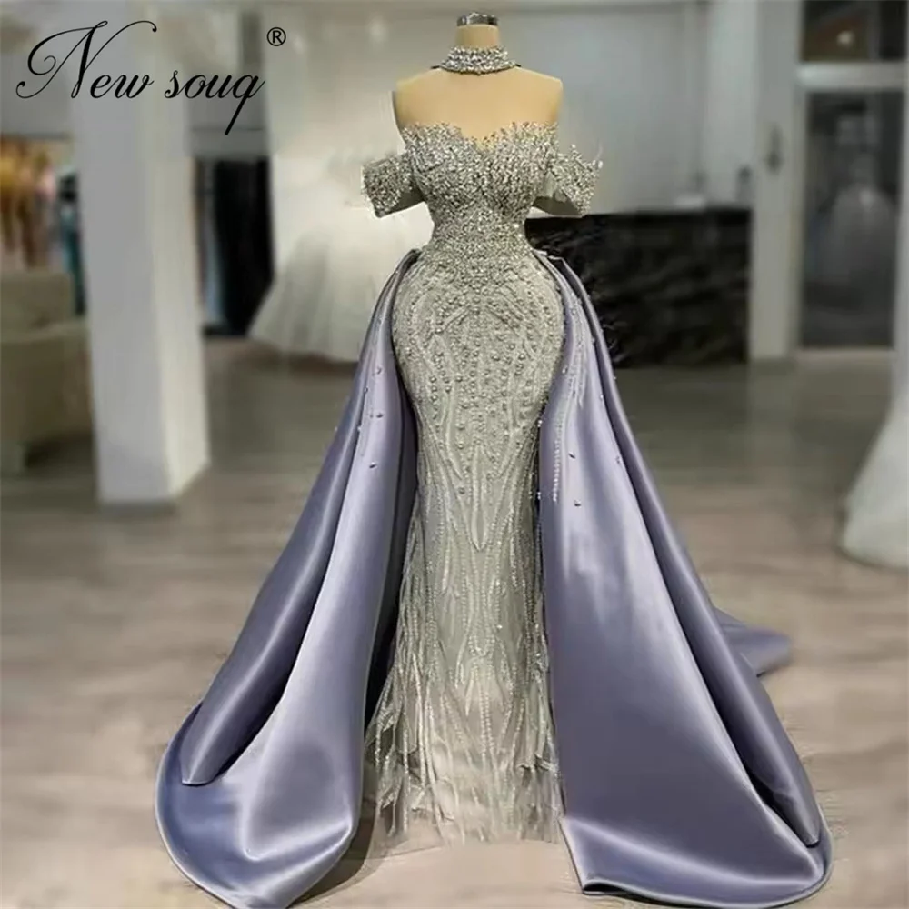 

Purple Two Pieces Beading Evening Dresses Vestidos De Cóctel Elegant Off Shoulder Crystals Engagement Gowns Customized Party