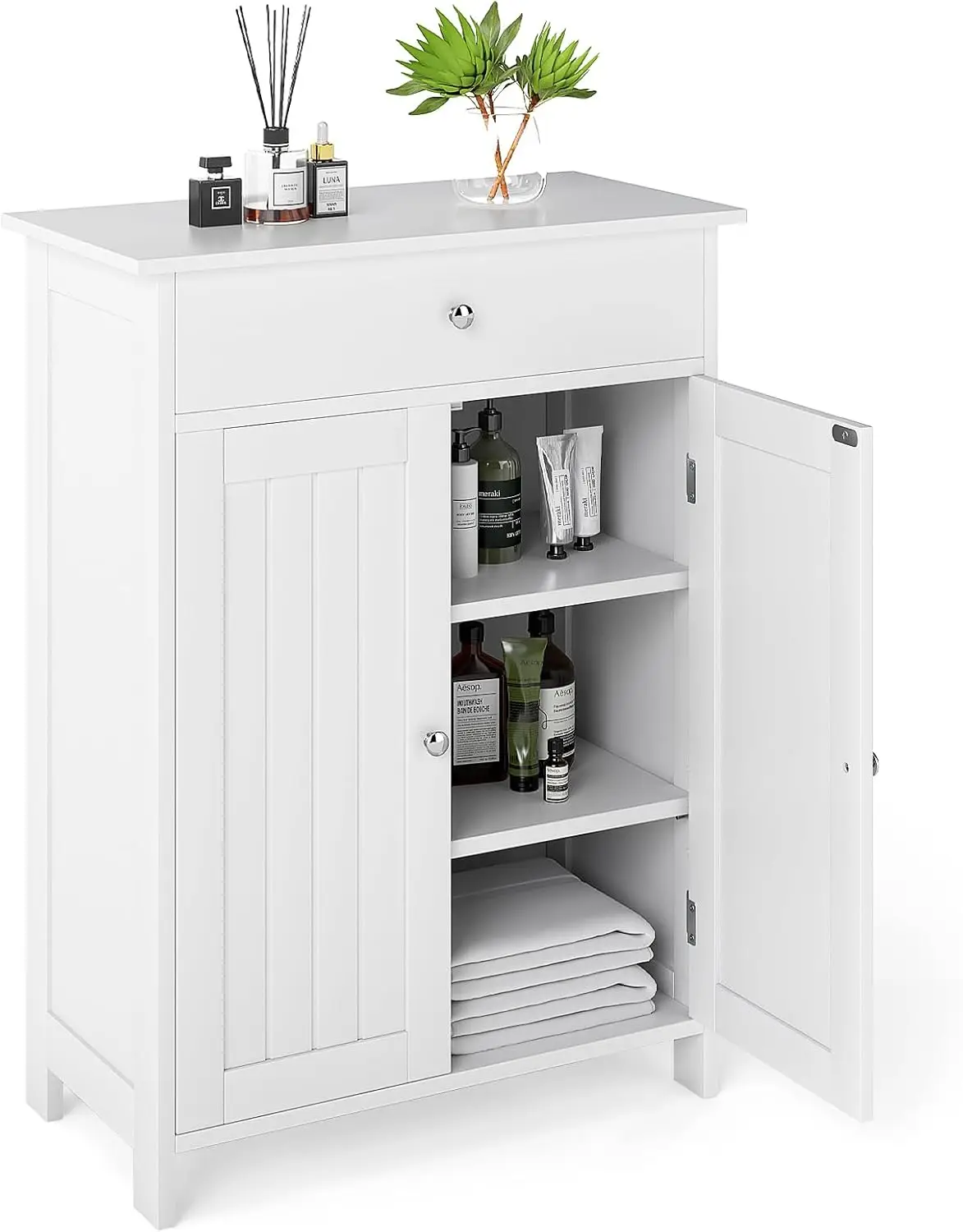 

Storage Cabinet, White Bathroom Cabinet with 2 Doors, 1 Drawer, 3-Level Adjustable Shelf, Modern Wooden Storage Organize