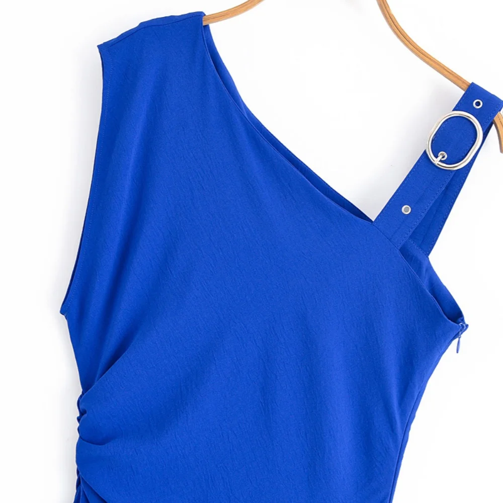 2025 verão novas chegadas moda casual feminina a linha assimétrica fivela oblíqua ombro suspender vestido