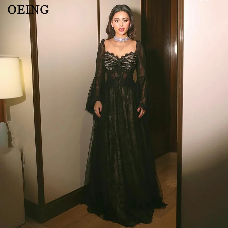 

OEING Elegant A-Line Prom Dress Black Long Sleeves Lace Illusion Party Gowns Floor Length Evening Dress 2025 Customized