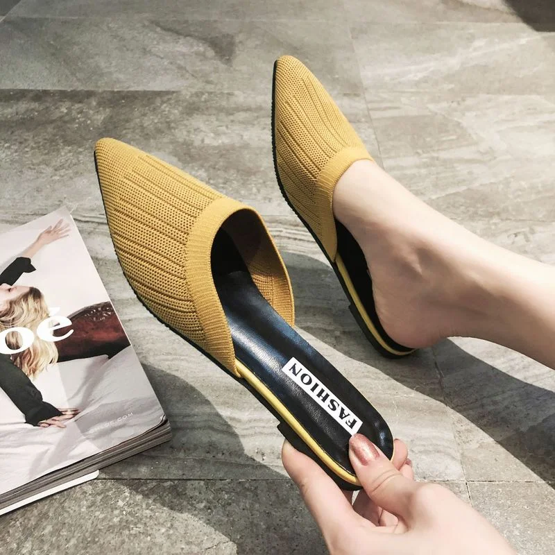 Pointed Flats Heels Women Shoes Summer Shoes Sexy Sandals Knitted Elastic Breathable Mules Shallow Plus Size 42 Lady Shoes Woman