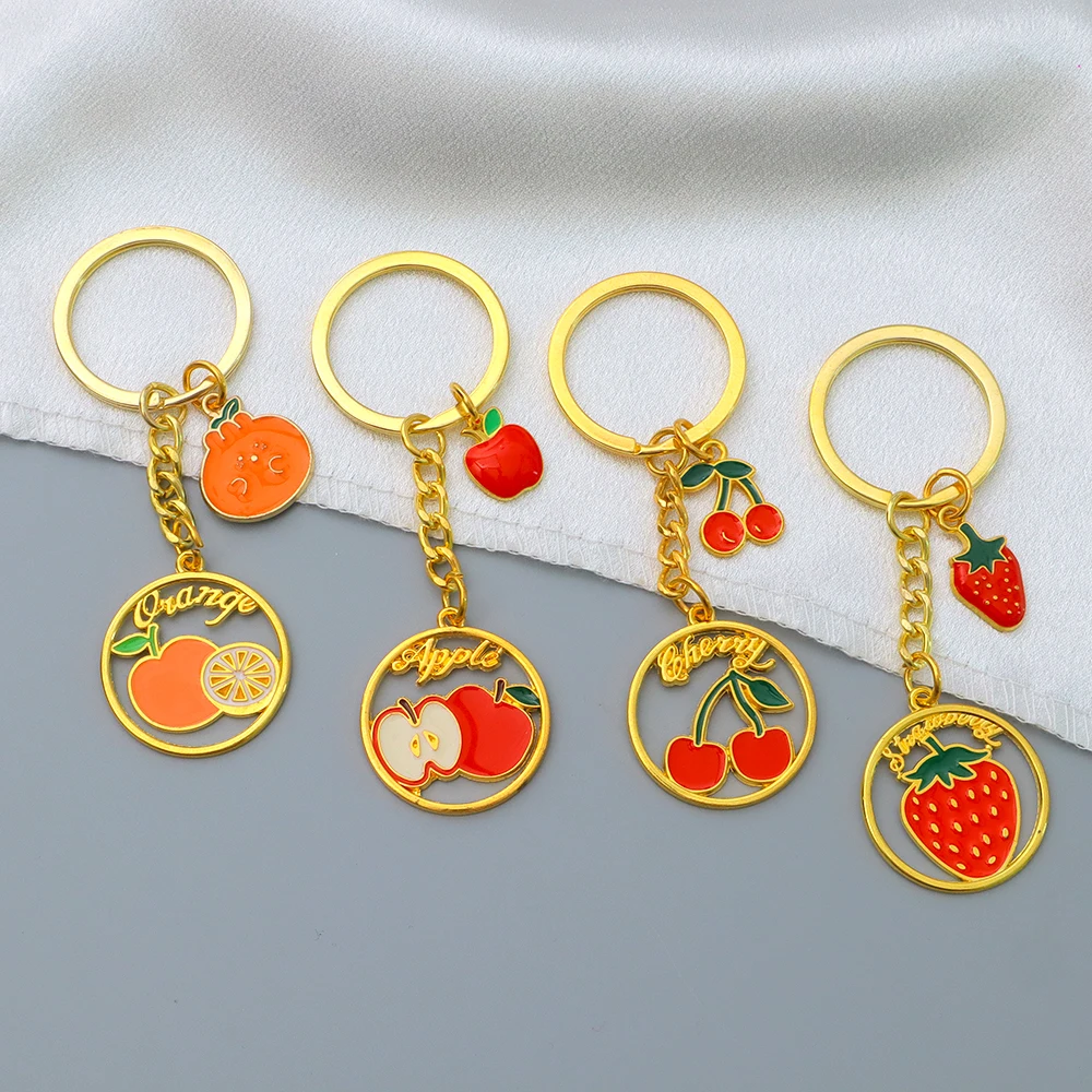 Cute Cartoon Fruit Cherry Oranges Apple Keychain Metal Plant Enamel Keyrings Women Girls Handbag Decor Car Key Holder Jewelry