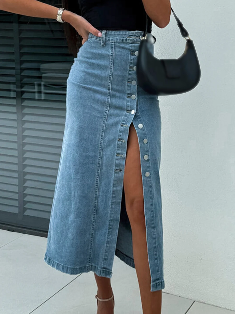 Women's High Waist Denim Skirt Solid Color Oblique Button Up Splite Long Skirts for Ladies Fall Clothes Streetwear Punk Retro