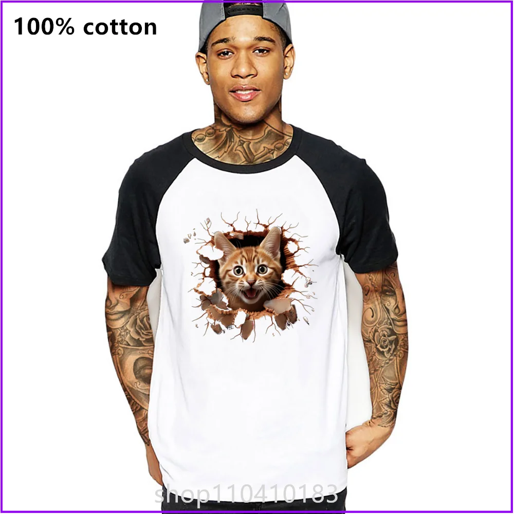 3d A Cat Looks Through A Hole In A White Paper T Shirts For Men'S Women Tshirt T-Shirt Clothing Oversized Manufacturers Custom