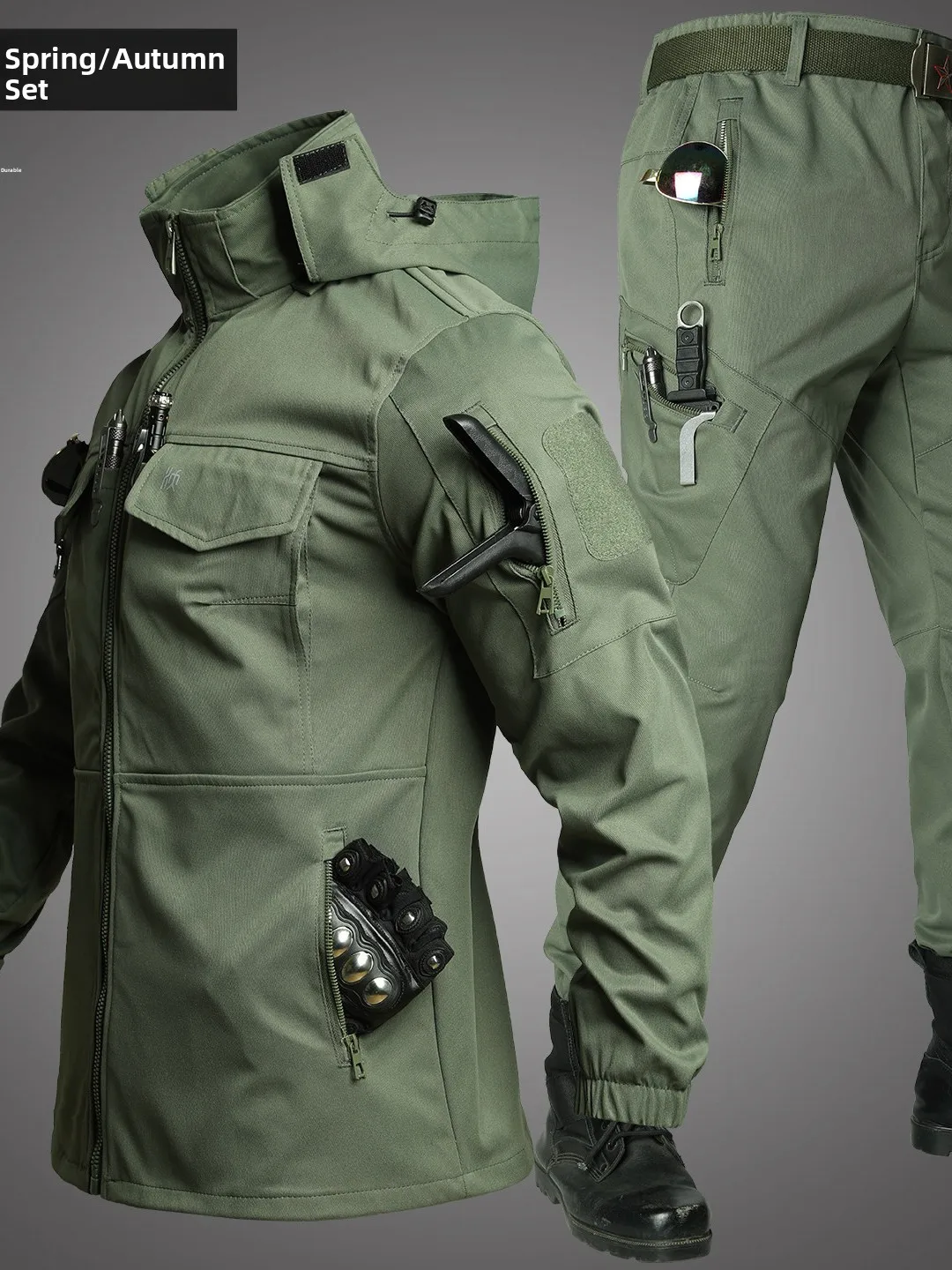 

Thiened Casual Camouflage Outdoor Set for Men Spring Autumn Breathable Elastic Hat Tactical Hiking Jaet Pants Ensemble