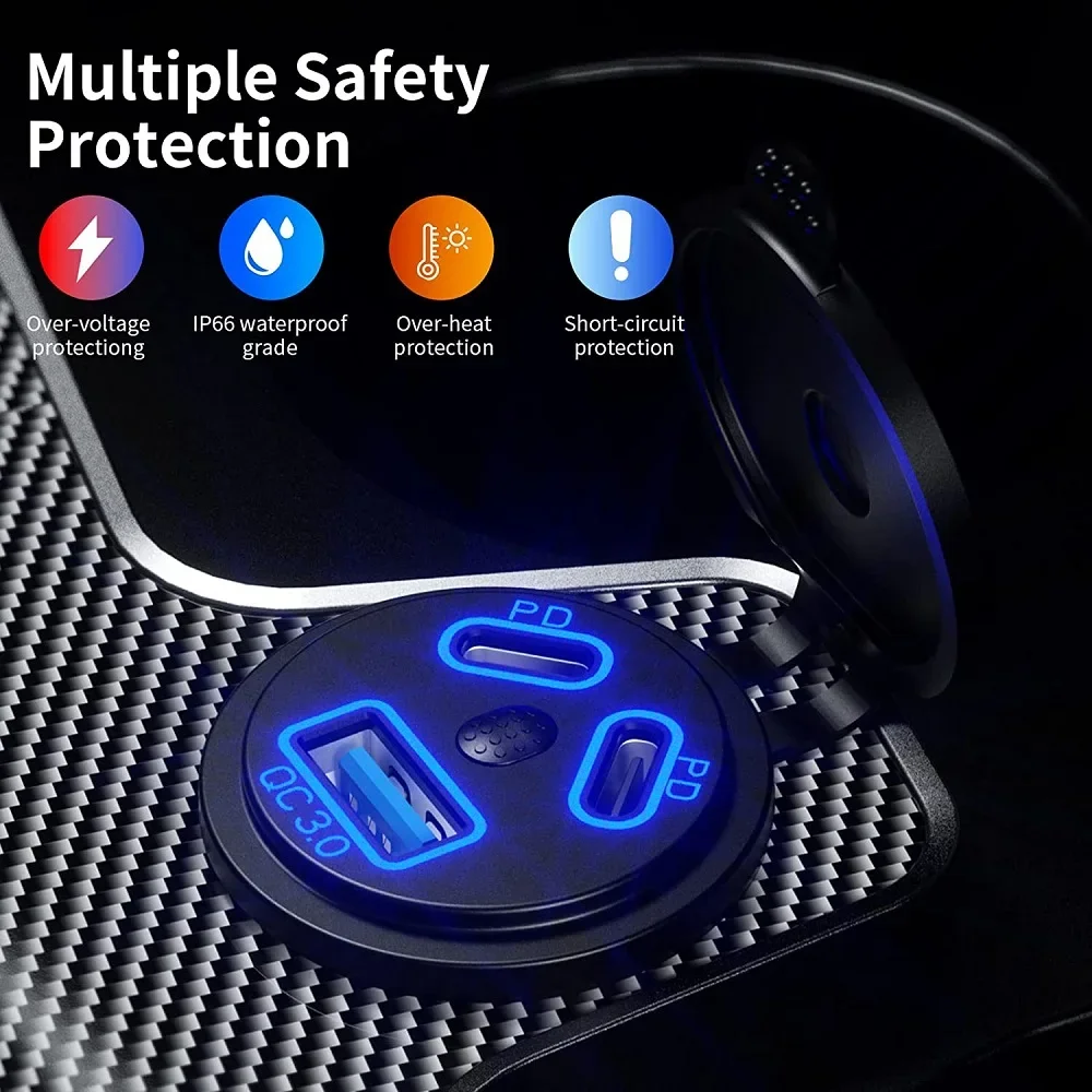 3 Ports Quick Charge Dual PD & QC 3.0 112W Aperture Car Charger Outlet Socket For 12V 24V Motorcycle Boat Marine Truck ATV view 2