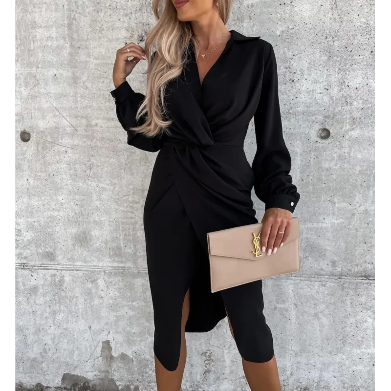 Elegantes neues lang ärmel iges Kleid Frauen modische einfarbige Slim Fit sexy plissierte Design Revers Laterne Ärmel Hemd Kleid 2024