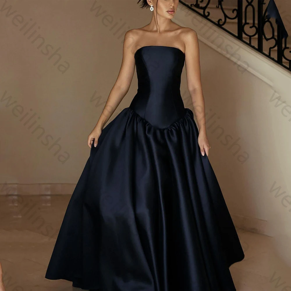 

Exquisite Strapless Navy Blue Evening Dresses A-Line Sleeveless Backless Long Dress High Quality Sexy Prom Party Gown Customized
